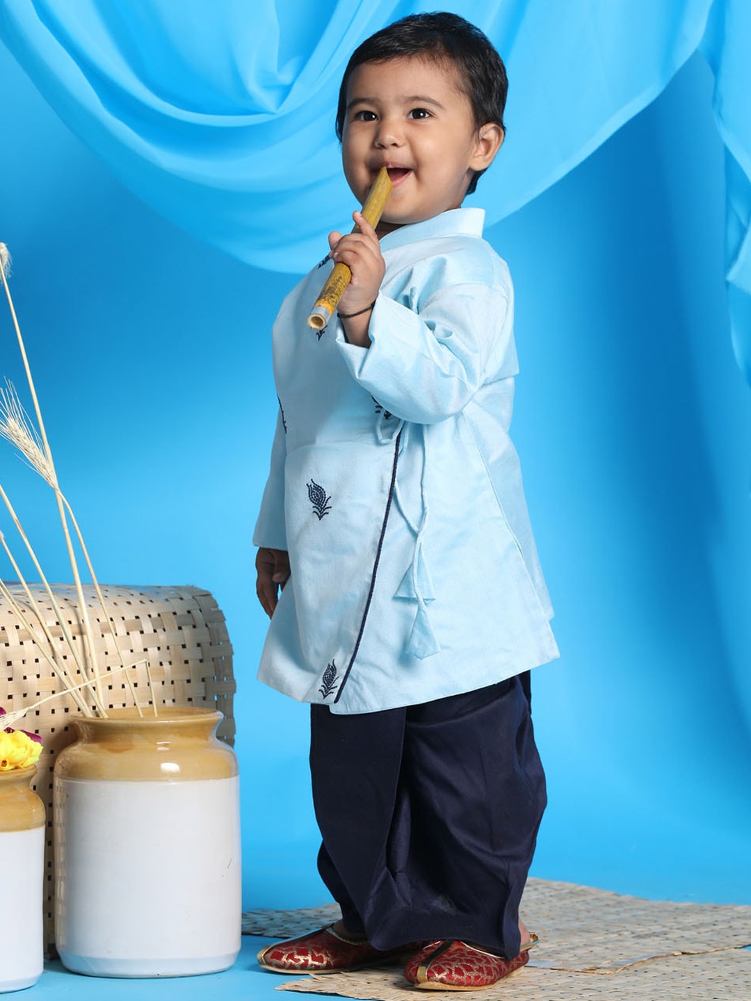 

VASTRAMAY Boys Blue Layered Thread Work Kurta with Dhoti Pants