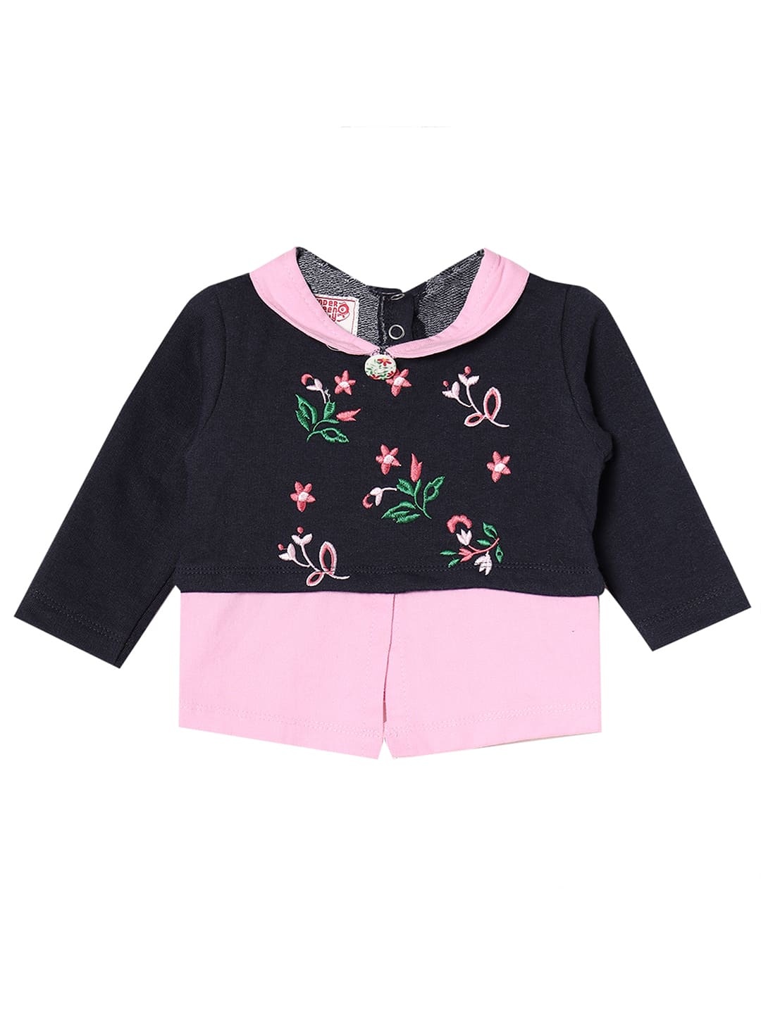 

UNDER FOURTEEN ONLY Navy Blue & Pink Floral Embroidered Top