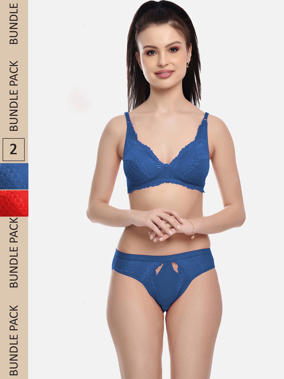 

FIMS Women Pack of 2 Self Design Lingerie Set MTR_Stone_ Set_RedBlue_B, Red