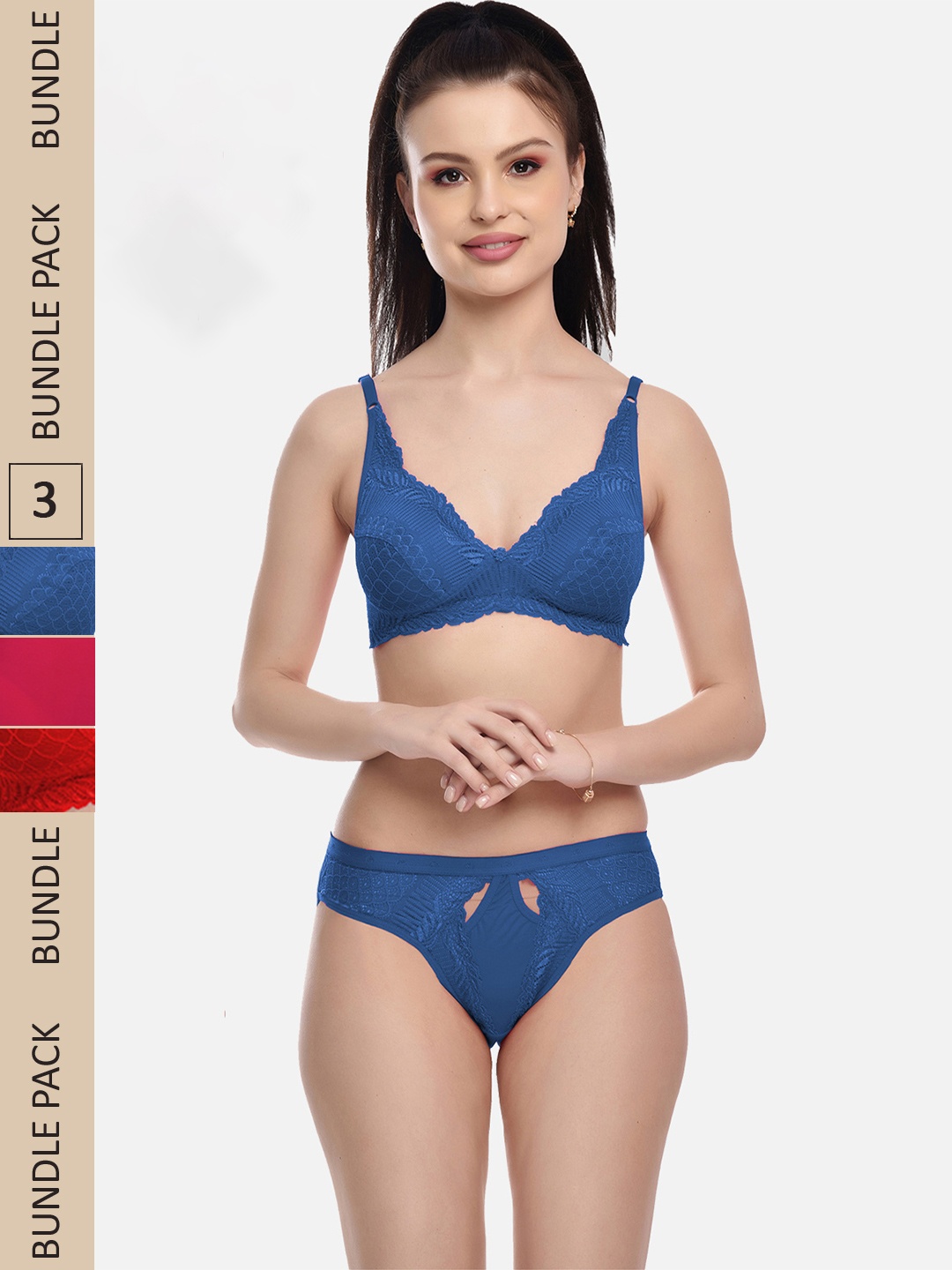 

FIMS Women Set of 3 Self Design Lingerie Set, Red