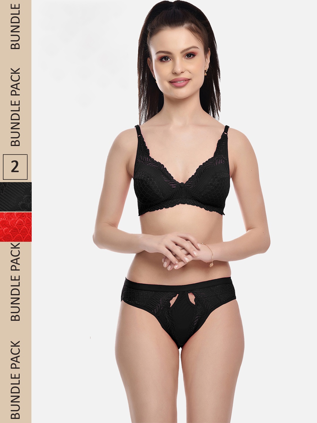 

FIMS Women Pack Of 2 Self-Design Lingerie Set, Black