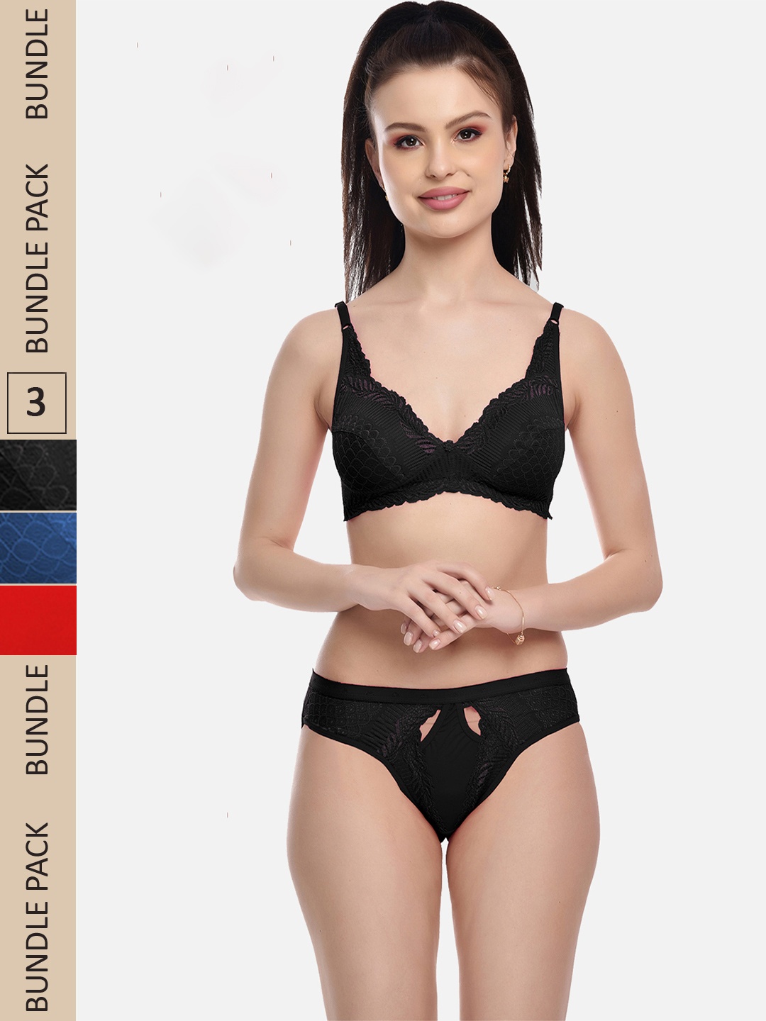 

FIMS Women Pack Of 3 Self-Design Lingerie Set, Black