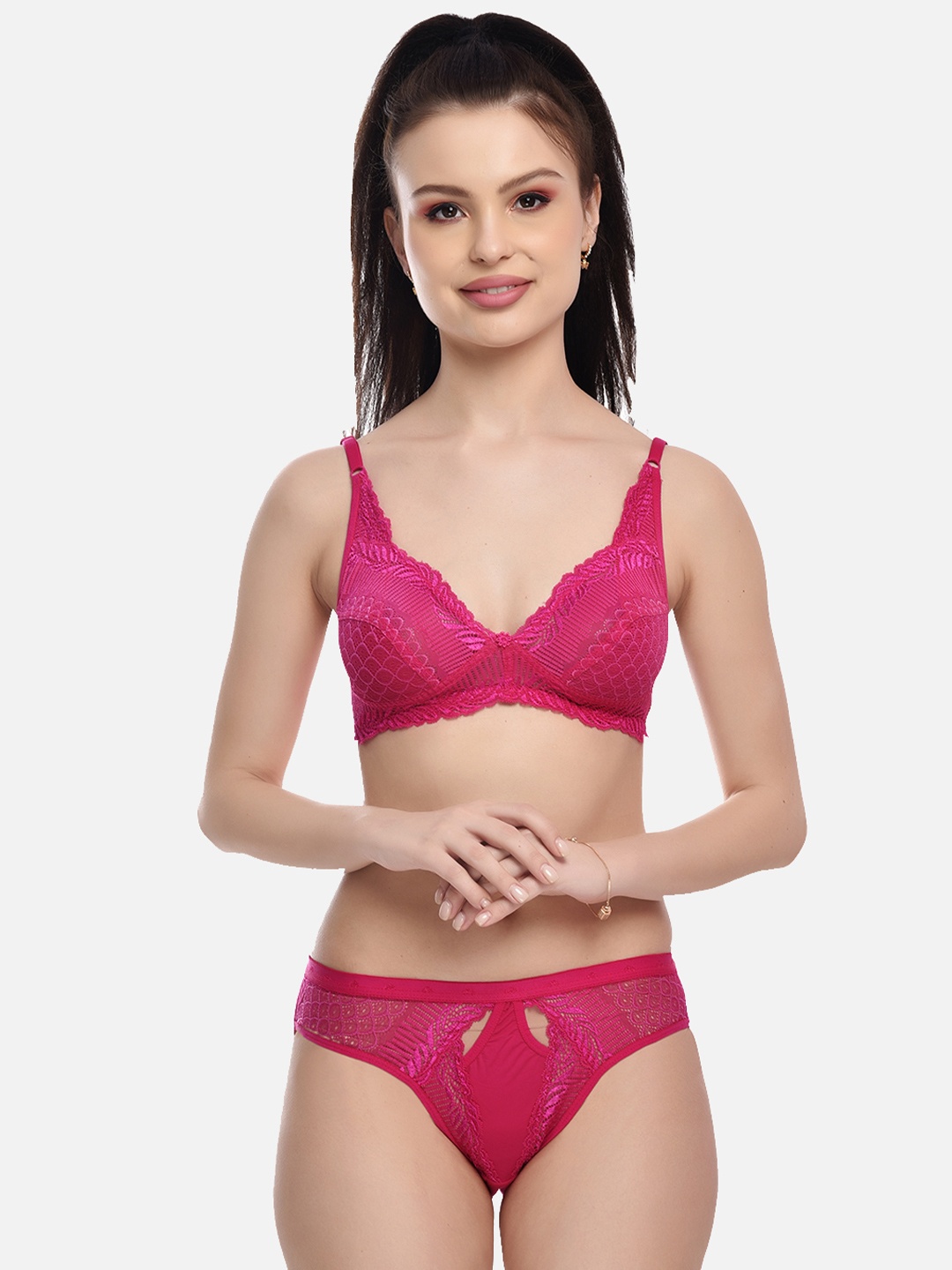 

FIMS Women Pink Self-Design Lingerie Set
