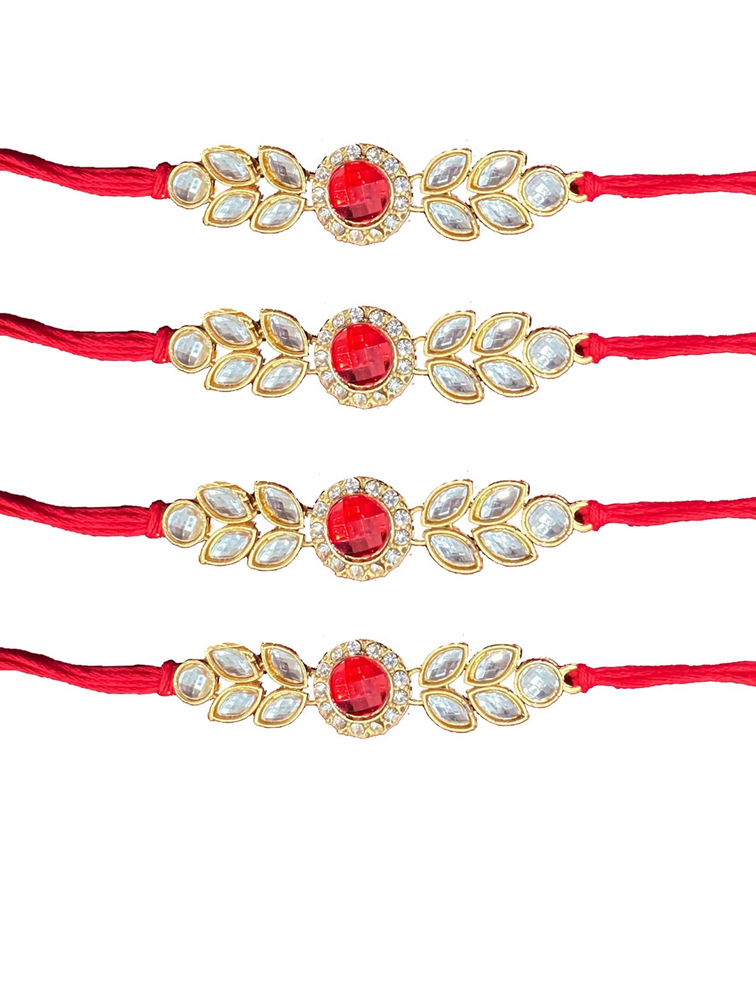 

Vembley Men Set Of 4 Gold-Toned White & Red Kundan-Studded Rakhi