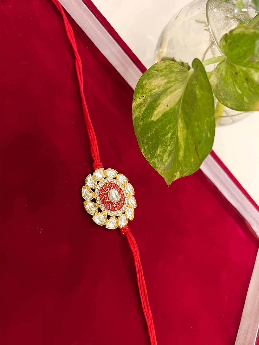 

Vembley Men Set Of 3 Gold-Toned White & Red Kundan-Studded Rakhi