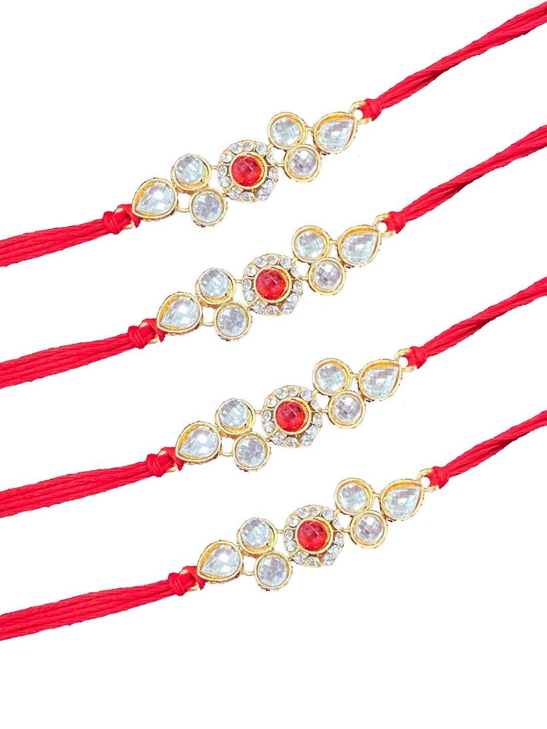 

Vembley Men Set Of 4 Gold-Toned & Red Kundan Stone-Studded & Beaded Rakhi