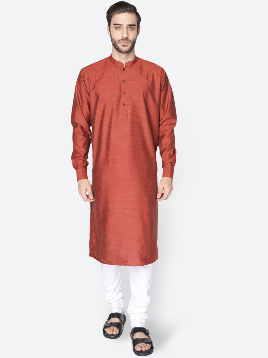 

NAMASKAR Men Rust Printed Cotton Kurta with Pyjamas