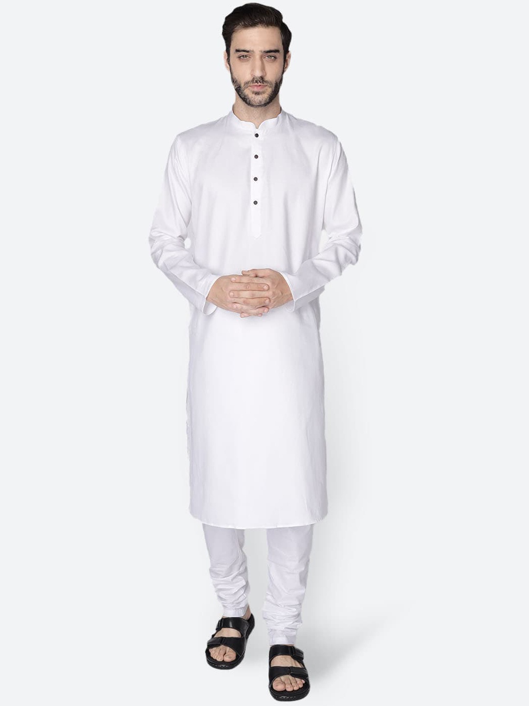 

NAMASKAR Men White Cotton Solid Kurta with Churidar