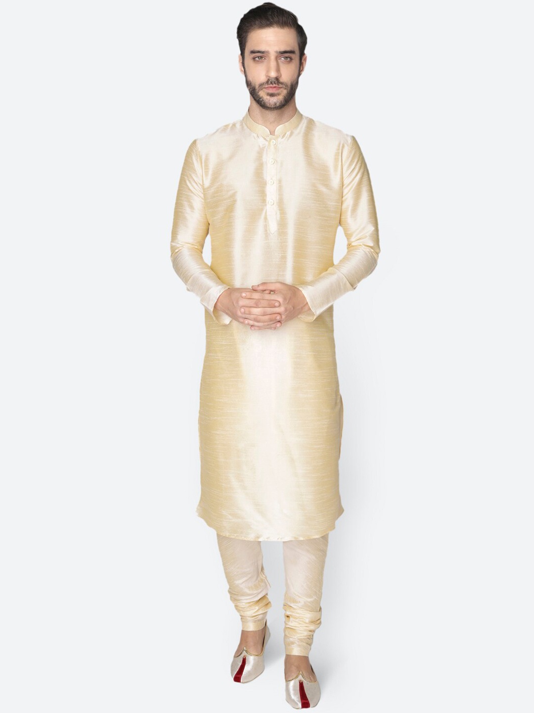 

NAMASKAR Men Gold-Toned Dupion Silk Solid Kurta with Churidar