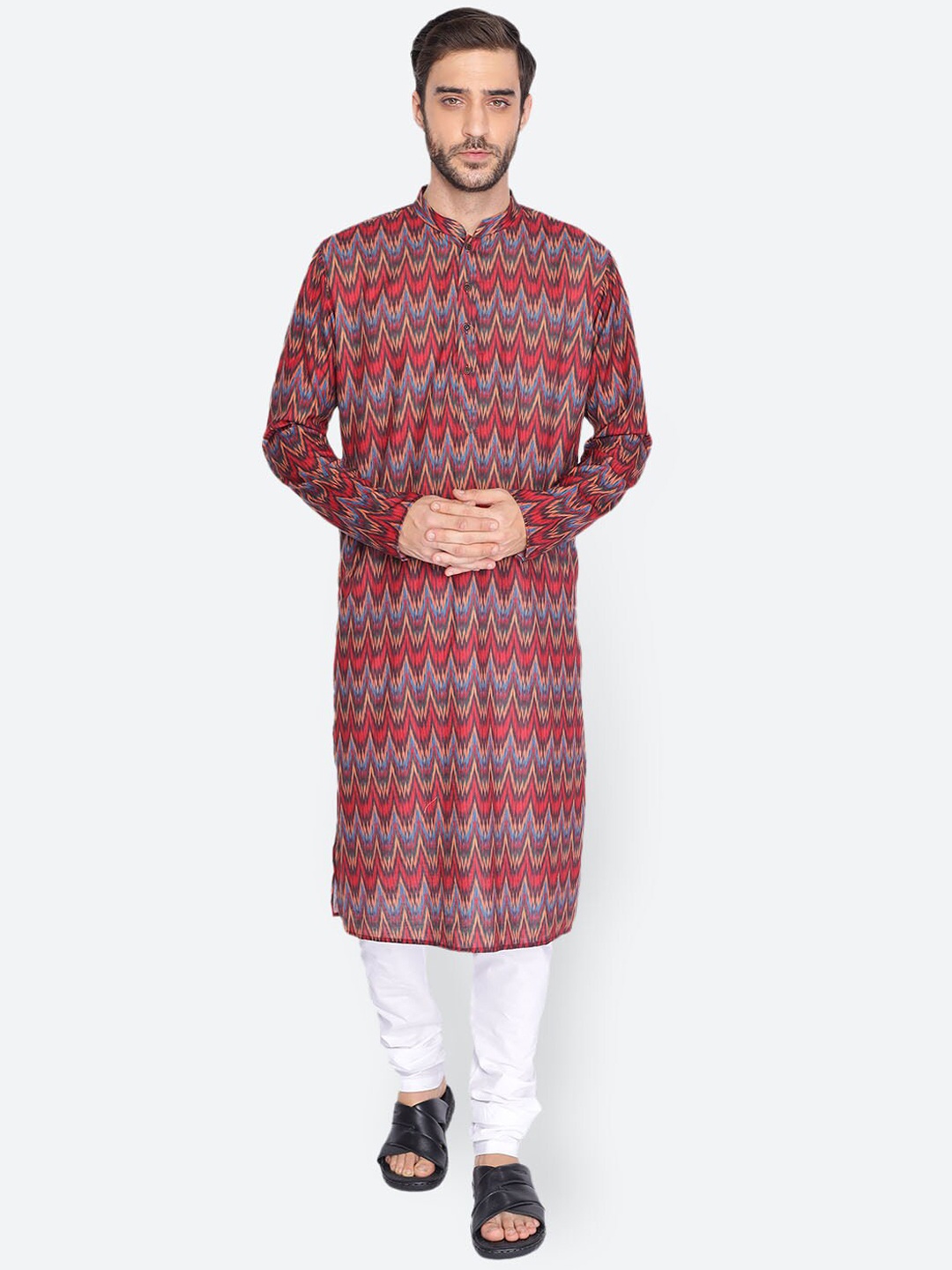 

NAMASKAR Men Red Cotton Printed Kurta with Churidar