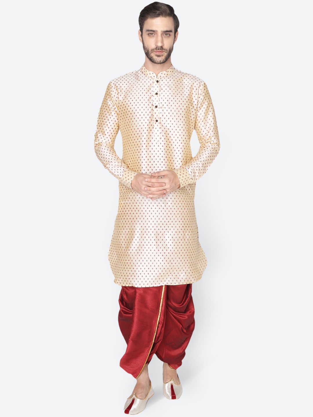 

NAMASKAR Men Beige Ethnic Motifs Dupion Silk Printed Kurta with Churidar