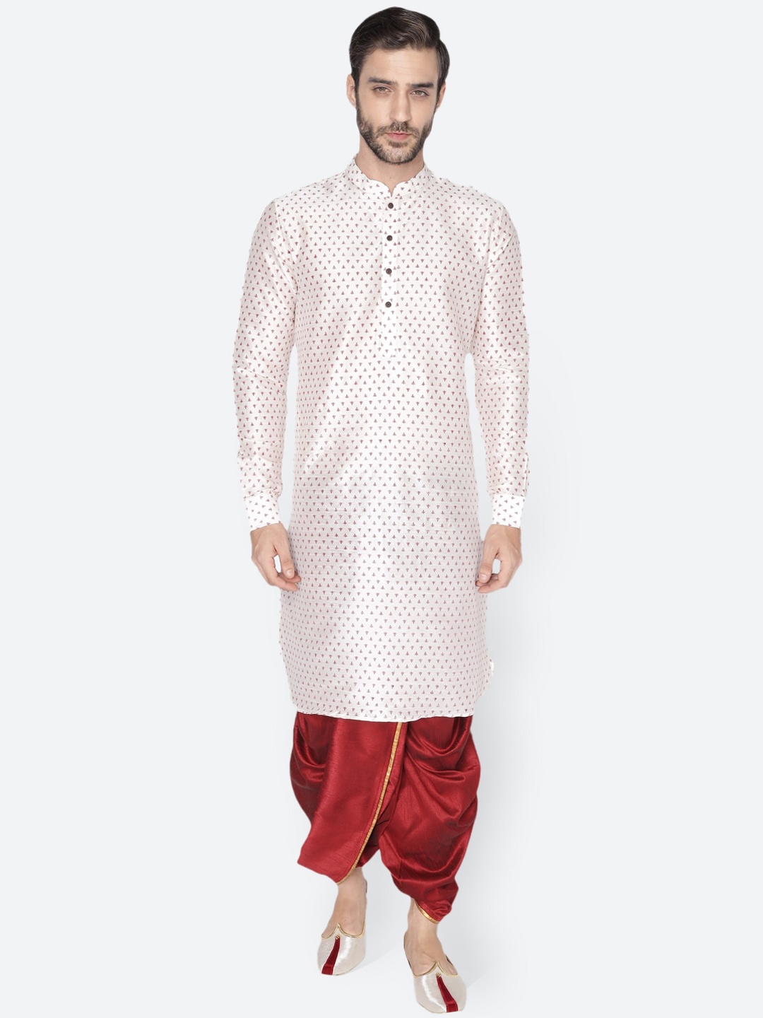 

NAMASKAR Men White Printed Dupion Silk Kurta with Dhoti Pants