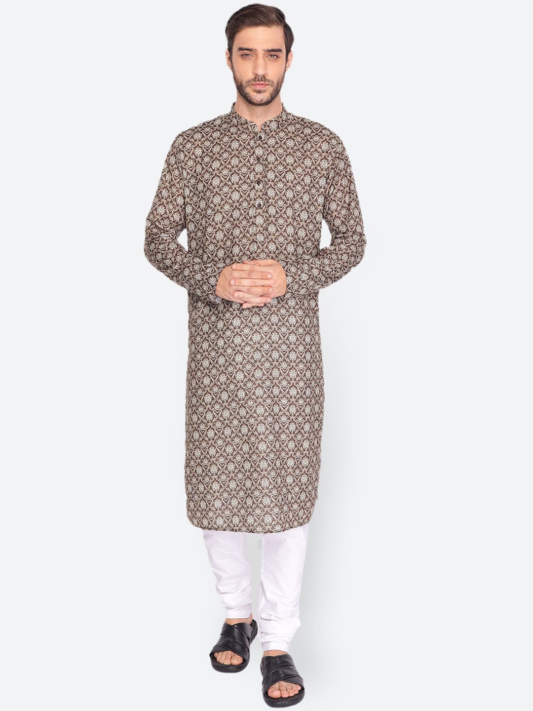 

NAMASKAR Men Brown Printed Cotton Kurta with Pyjamas