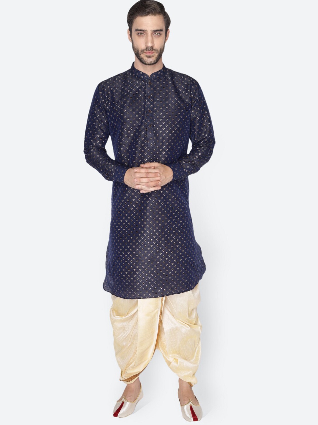 

NAMASKAR Men Blue Printed Dupion Silk Kurta with Dhoti Pants