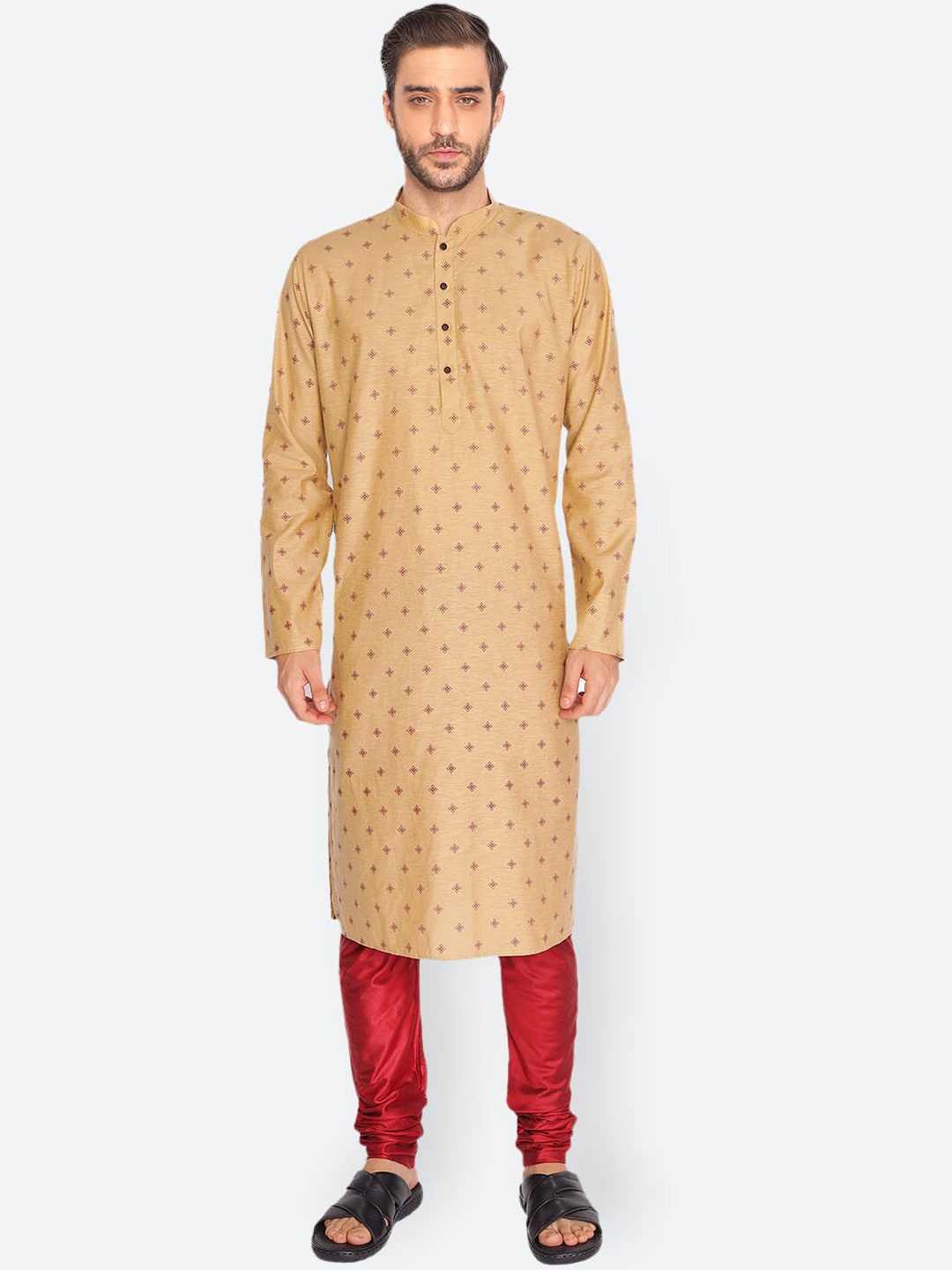 

NAMASKAR Men Beige Cotton Printed Kurta with Churidar