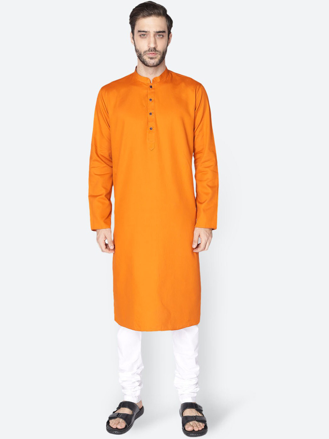 

NAMASKAR Men Orange Cotton Solid Kurta with Churidar
