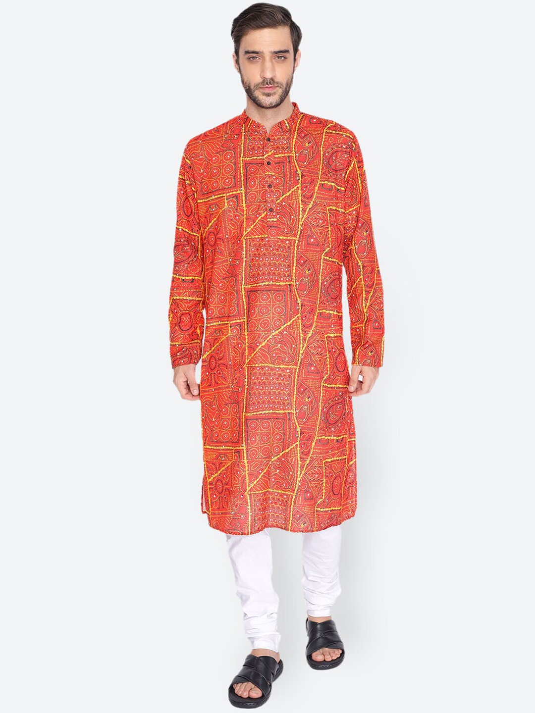 

NAMASKAR Men Red Cotton Printed Kurta with Pyjamas