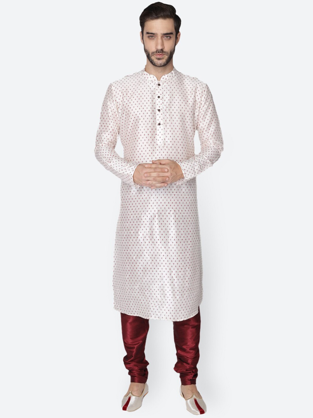 

NAMASKAR Men White Dupion Silk Printed Kurta with Churidar