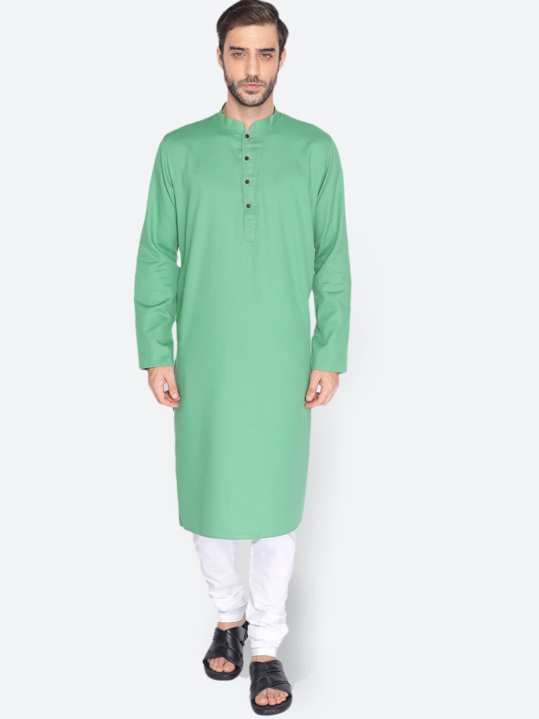 

NAMASKAR Men Green Cotton Solid Kurta with Churidar