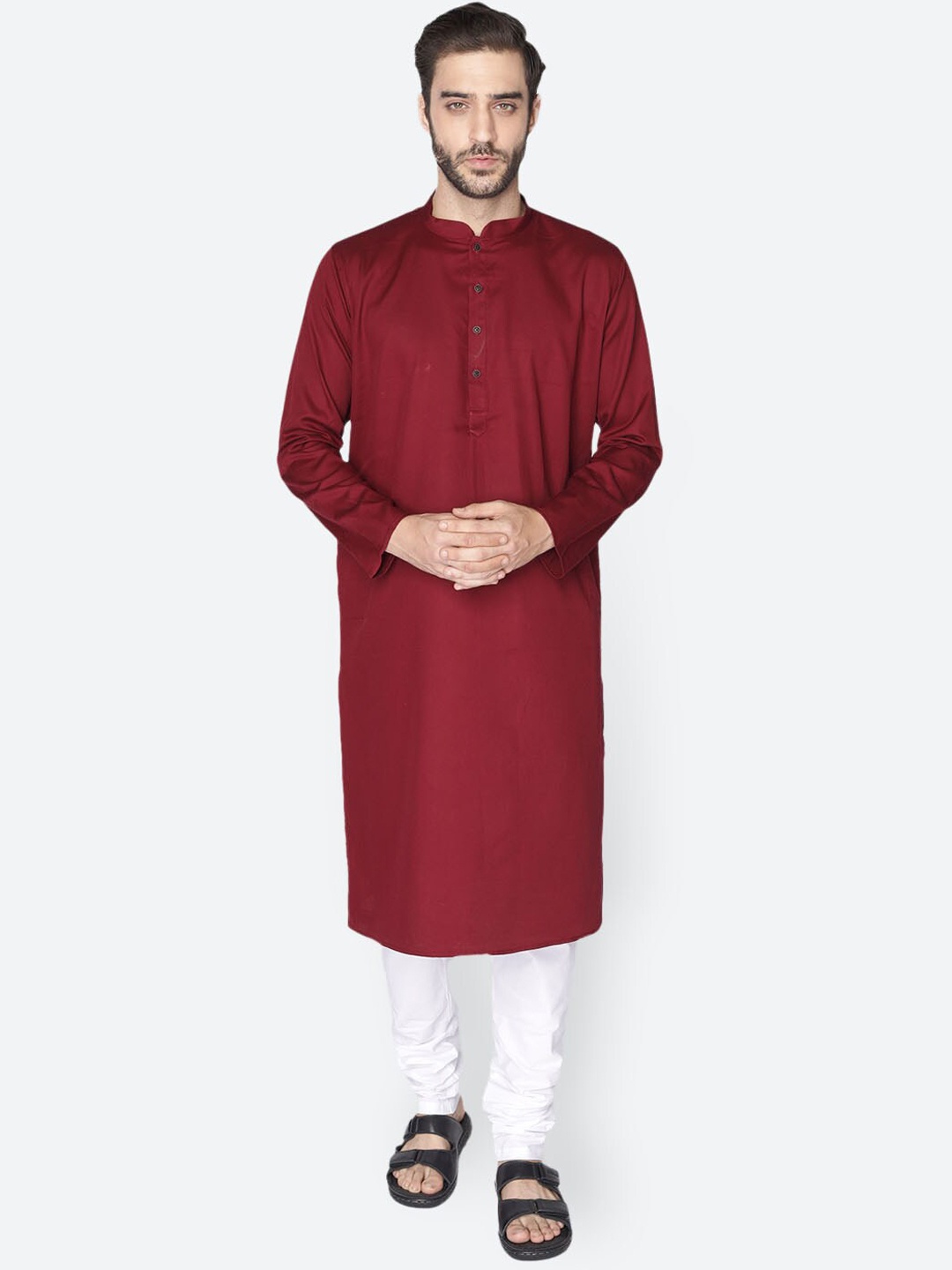 

NAMASKAR Men Maroon Cotton Solid Kurta with Churidar