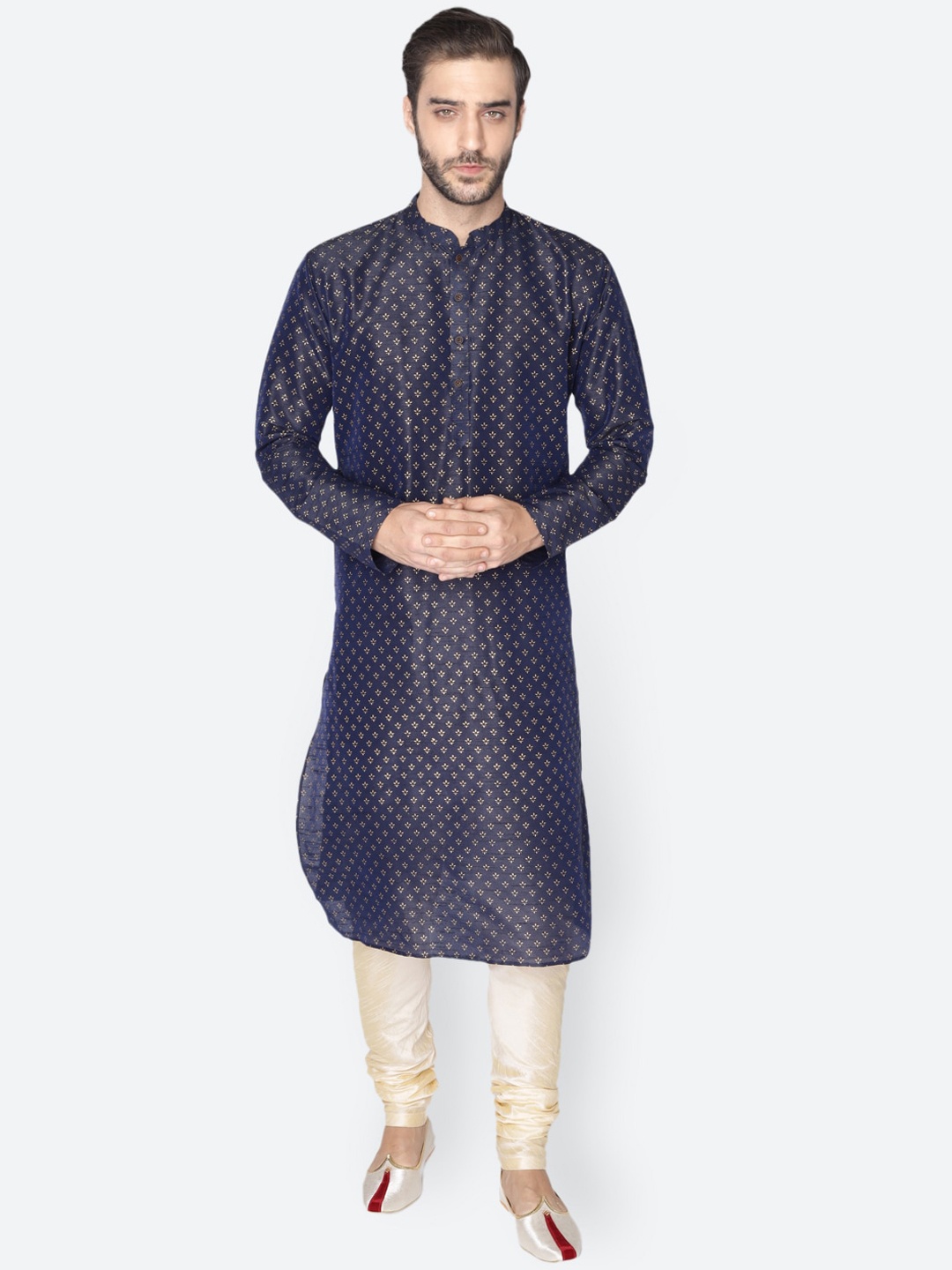 

NAMASKAR Men Blue Dupion Silk Printed Kurta with Churidar