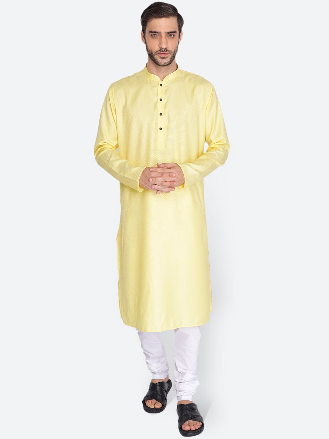 

NAMASKAR Men Lemon Yellow Solid Cotton Kurta with Churidar