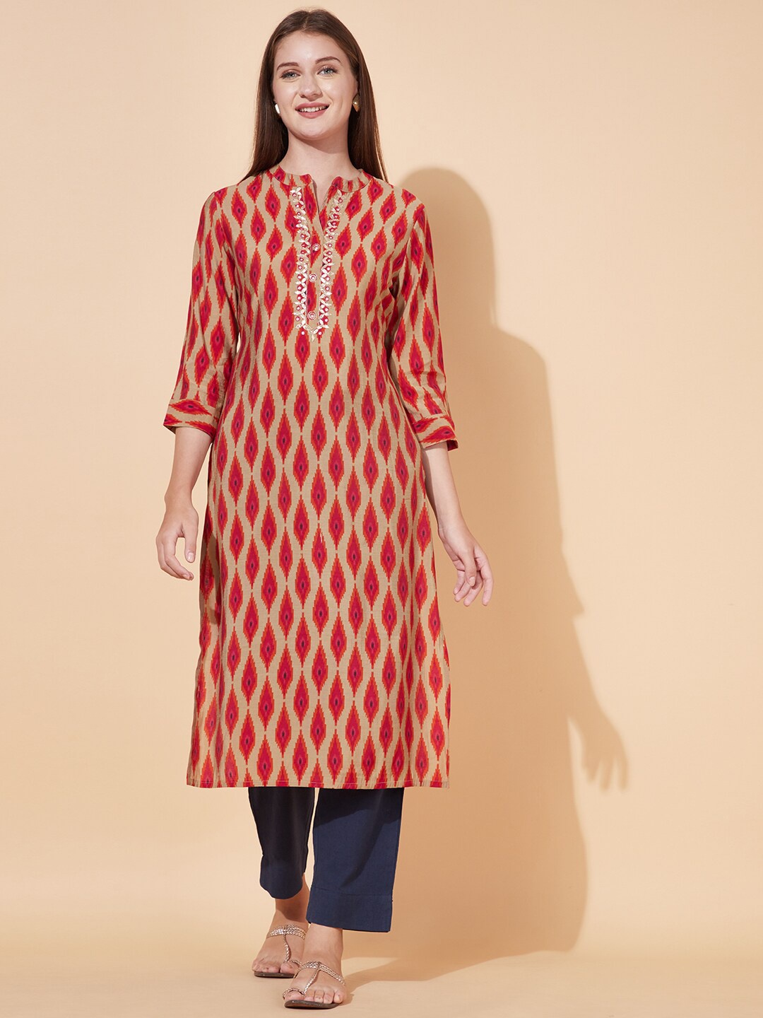 

FASHOR Women Beige & Red Ethnic Motifs Printed Thread Work Kurta