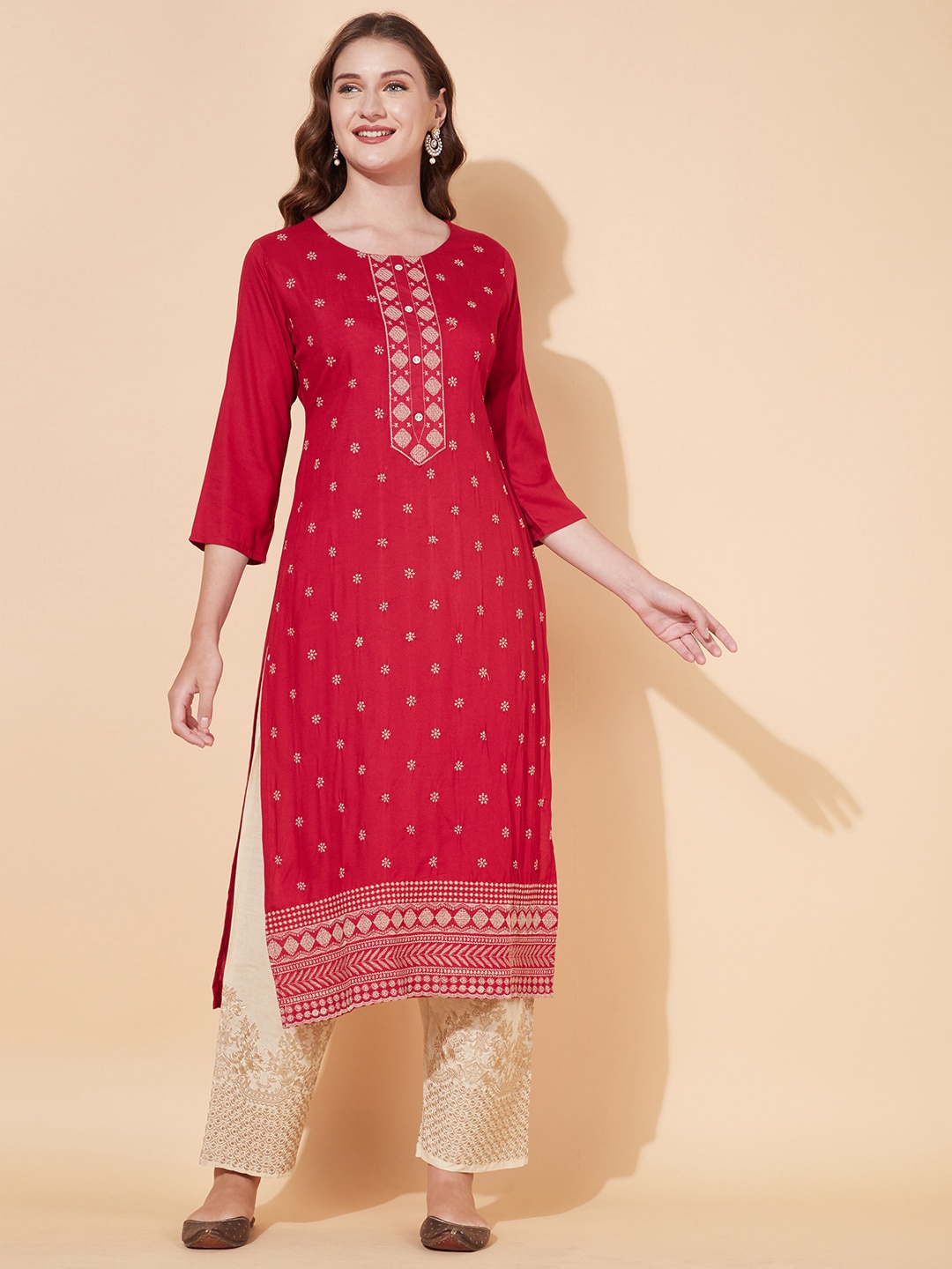 

FASHOR Women Red Ethnic Motifs Embroidered Mirror Work Kurta