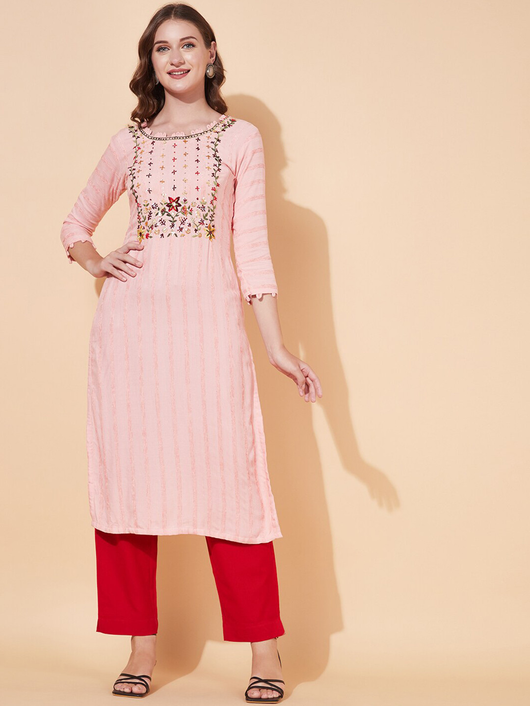 

FASHOR Women Pink Striped Thread Work Kurta
