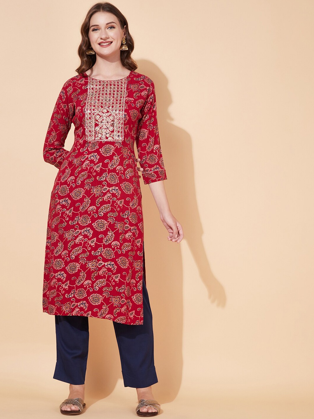 

FASHOR Women Maroon Ethnic Motifs Printed Kurta