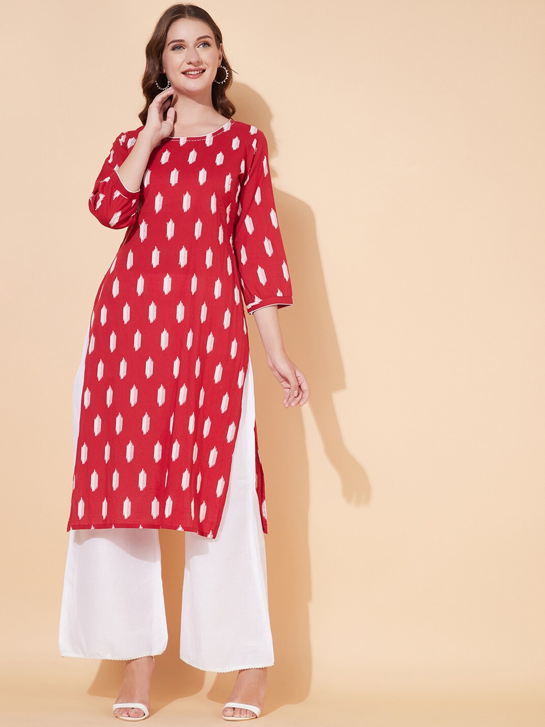 

FASHOR Women Red Ikat Printed Straight Fit Kurta
