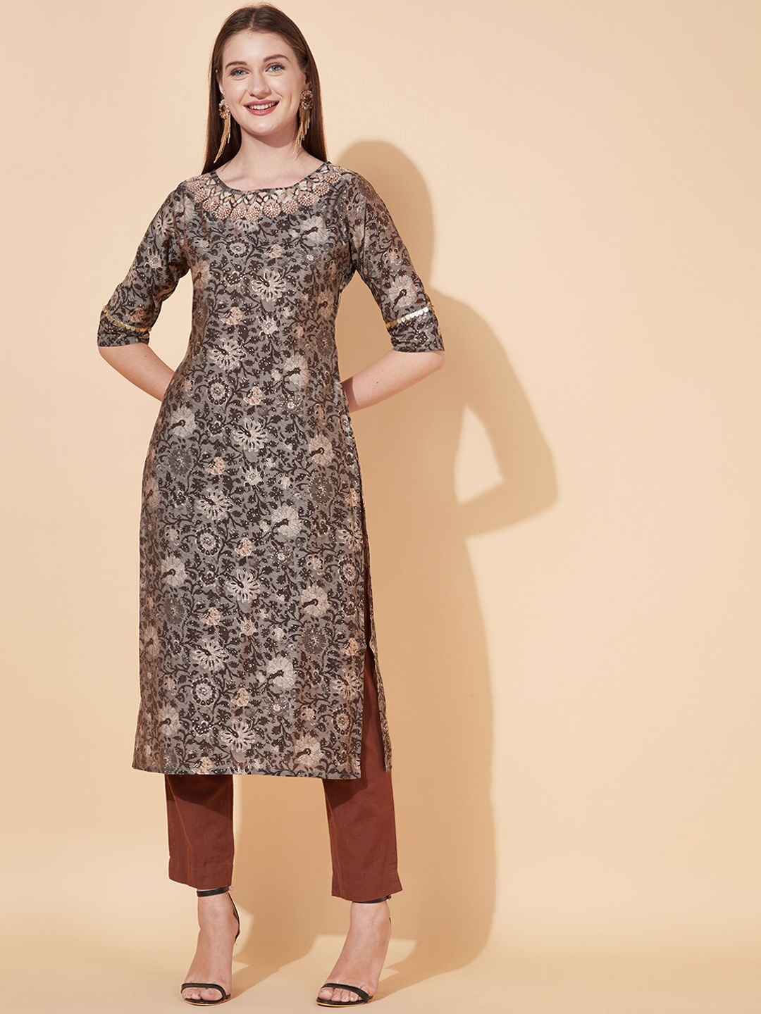 

FASHOR Women Grey & taupe gray Printed Kurta