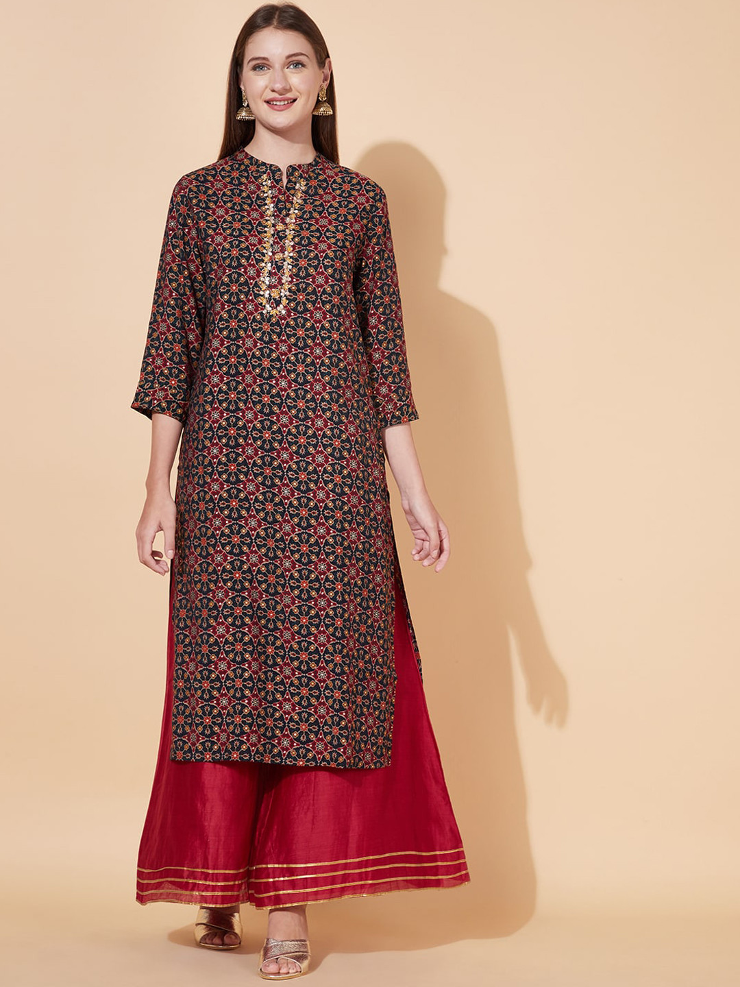 

FASHOR Women Brown Ethnic Motifs Printed Flared Sleeves Kurta