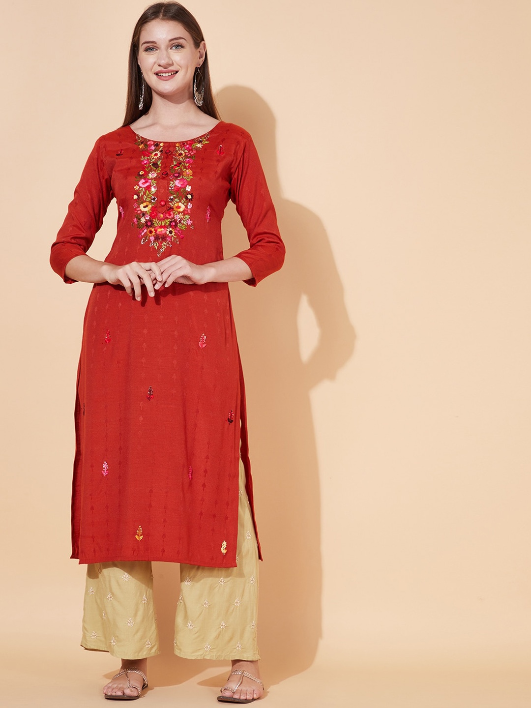 

FASHOR Women Rust Ethnic Motifs Embroidered Flared Sleeves Thread Work Kurta