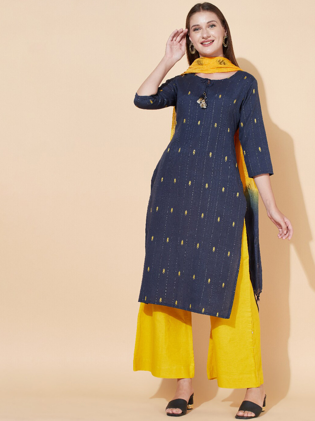 

FASHOR Women Navy Blue Embroidered Kurta with Dupatta
