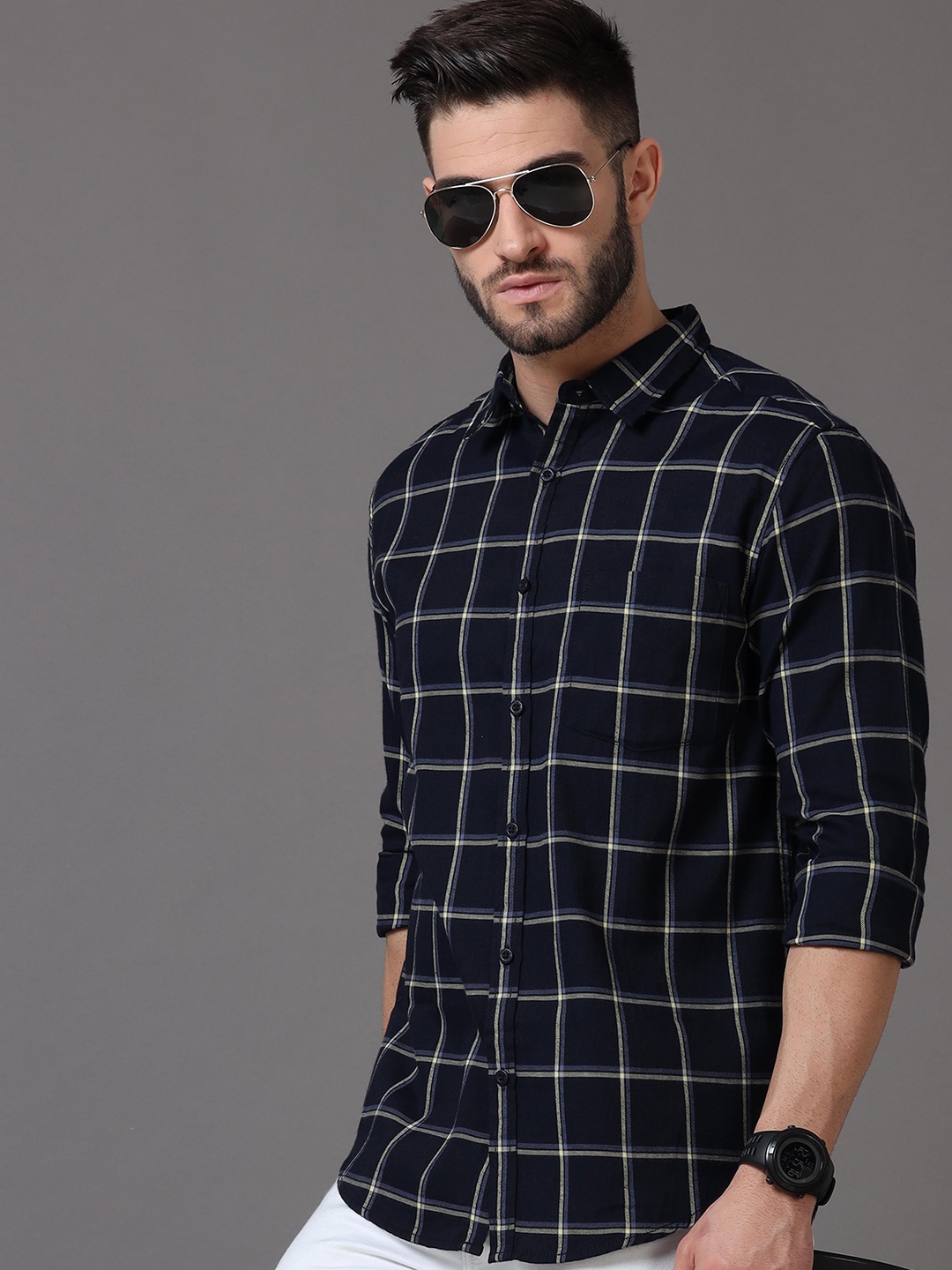 

HERE&NOW Men Navy Blue Slim Fit Windowpane Checks Checked Casual Shirt