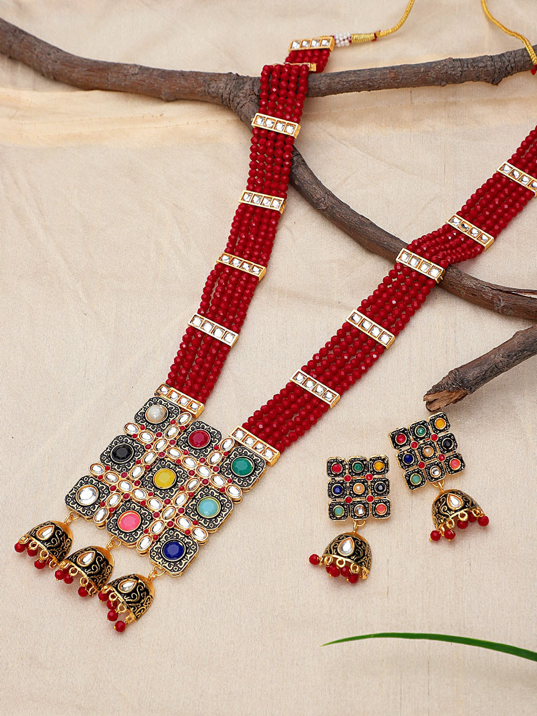 

STEORRA JEWELS Women Gold Plated Red & White Studded Pearl Beaded Jewellery Set