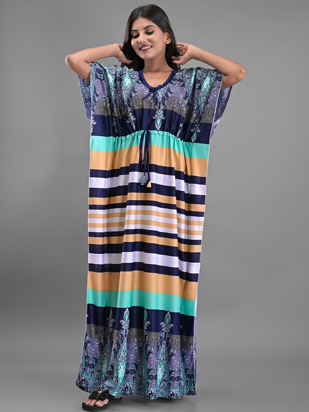 

Apratim Navy Blue Printed Maxi Nightdress