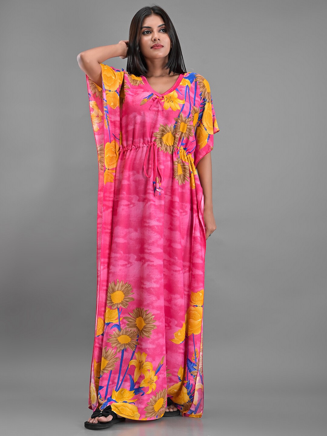 

Apratim Pink Printed Maxi kaftan Nightdress