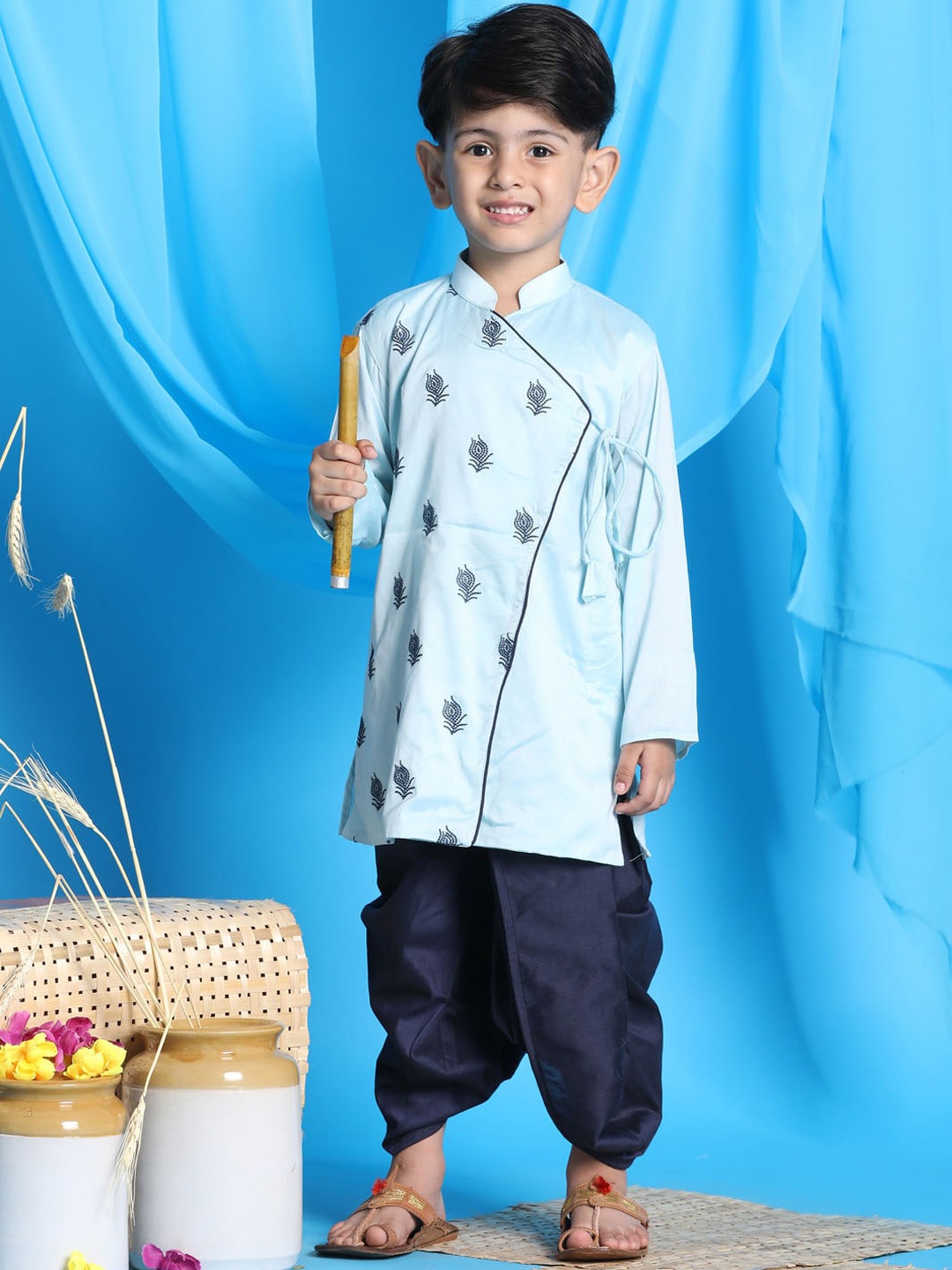 

VASTRAMAY Boys Blue Floral Angrakha Thread Work Top with Dhoti Pants