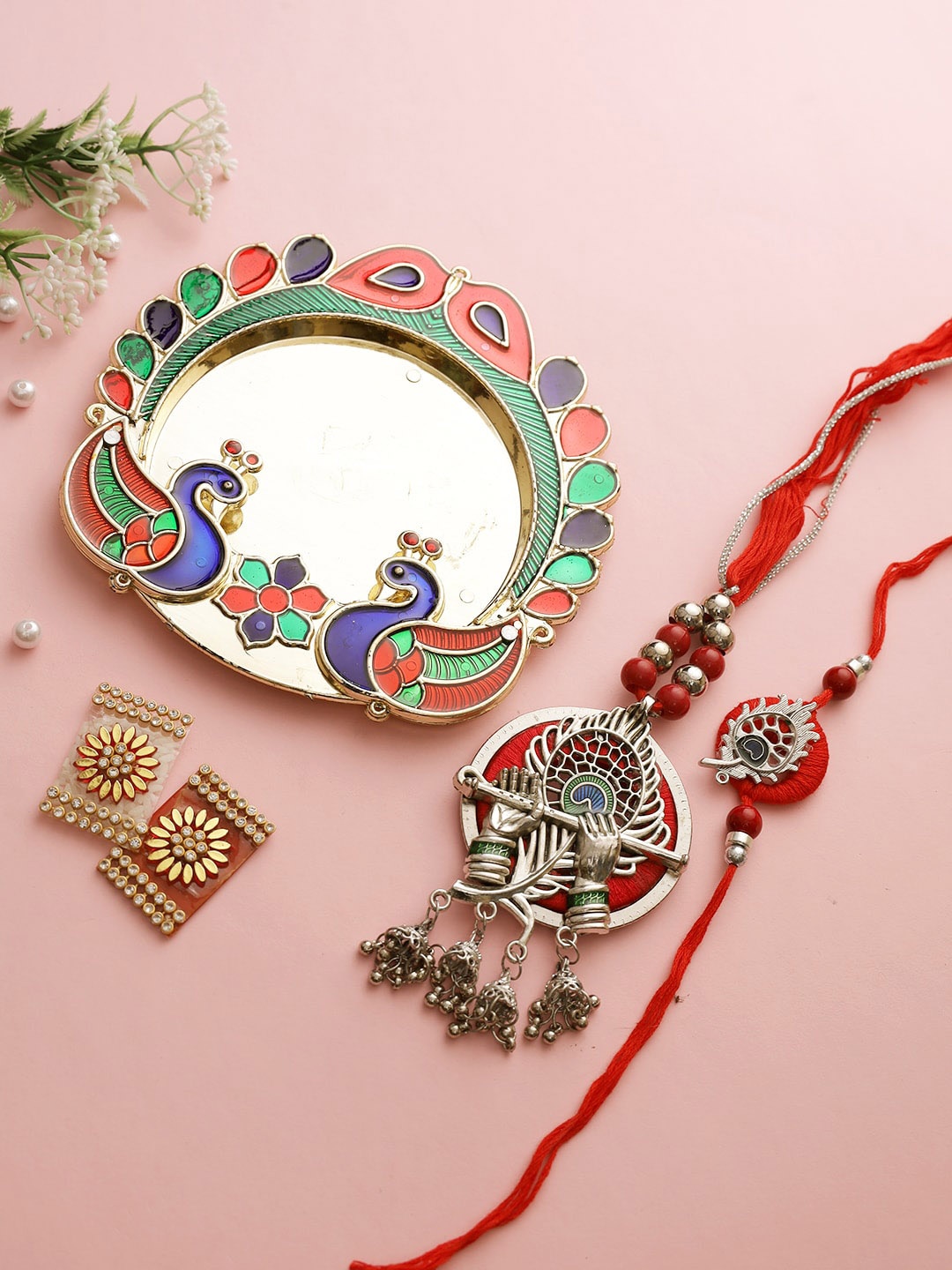 

Aapno Rajasthan Red & Silver-Toned Peacock Bhaiya Bhabhi Rakhi Gift Set