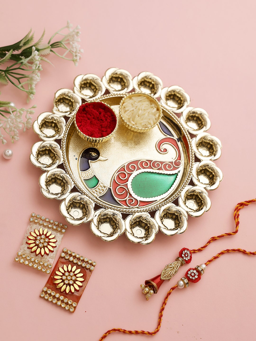 

Aapno Rajasthan Gold-Toned Peacock Rakhi Gift Set
