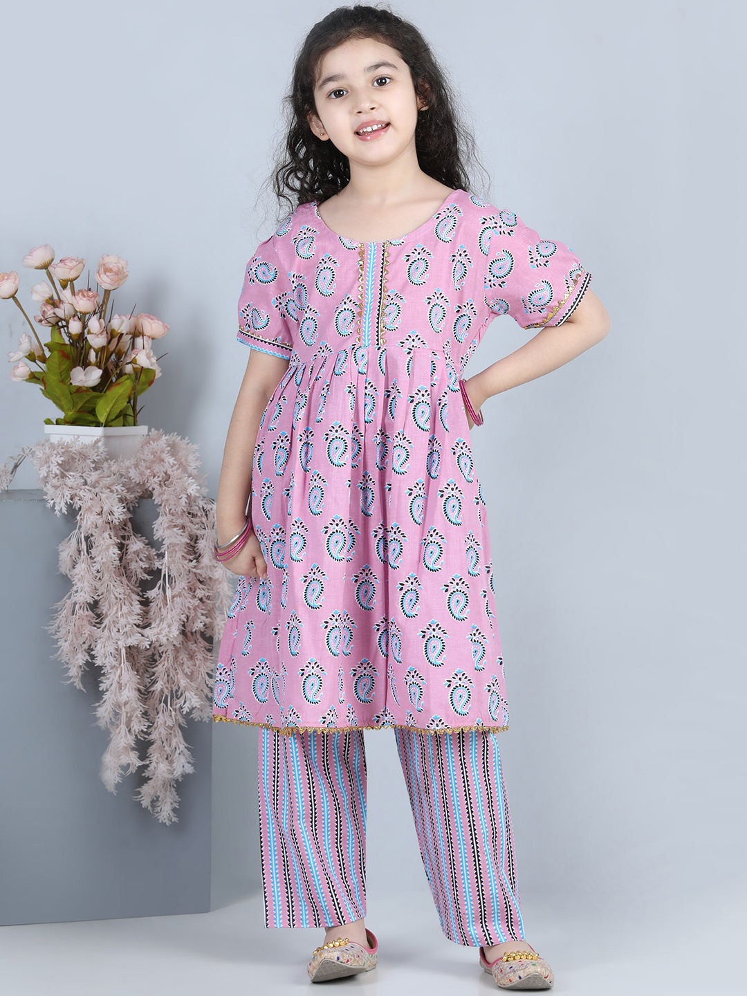 

ADIVA Girls Pink Floral Printed Empire Kurta with Palazzos