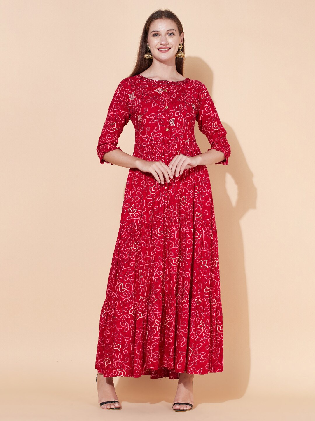 

FASHOR Magenta Floral Embroidered Tiered Maxi Dress