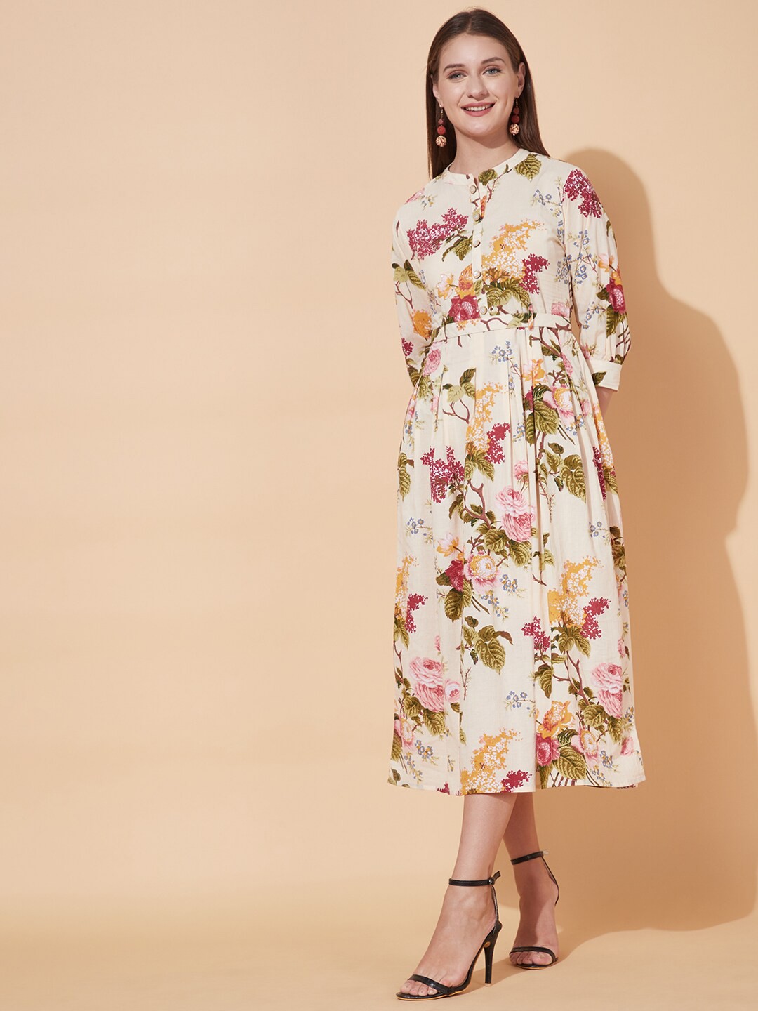 

FASHOR Off White Floral Tie-Up Neck Belted Cotton Midi Dress