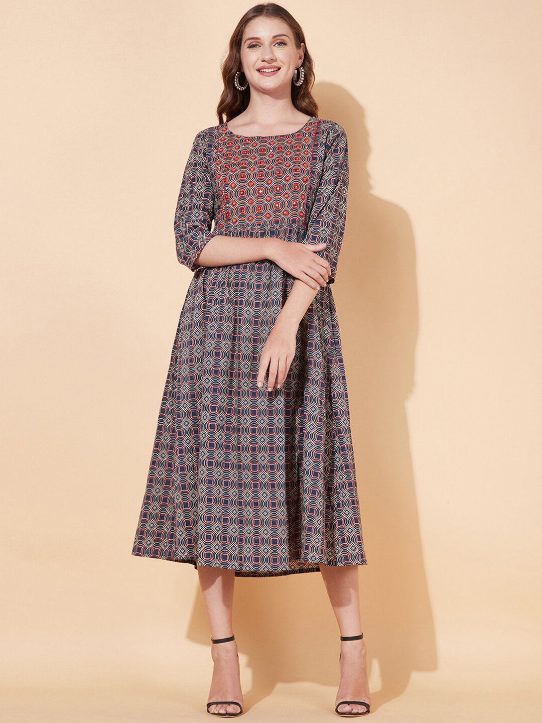 

FASHOR Blue Ethnic Motifs A-Line Cotton Midi Dress