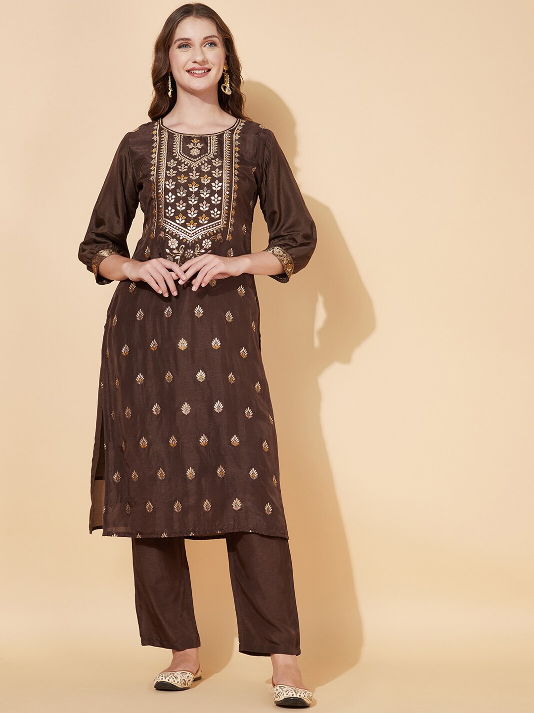 

FASHOR Women Brown Angrakha Kurti with Trousers & With Dupatta