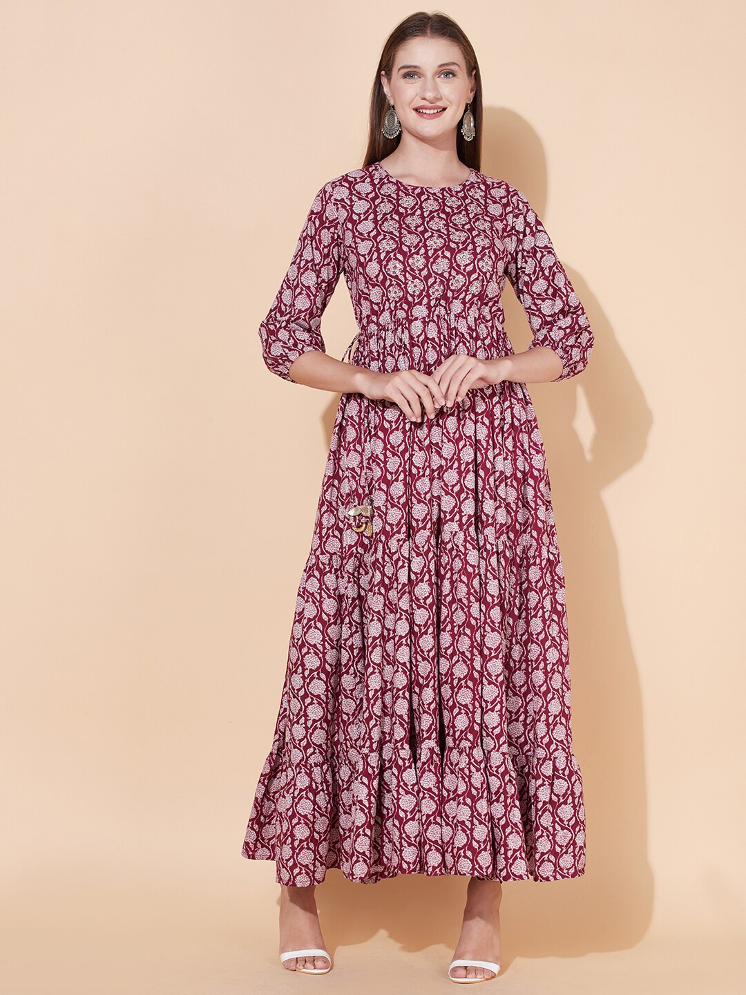 

FASHOR Purple Floral Tiered Flared Cotton Maxi Dress