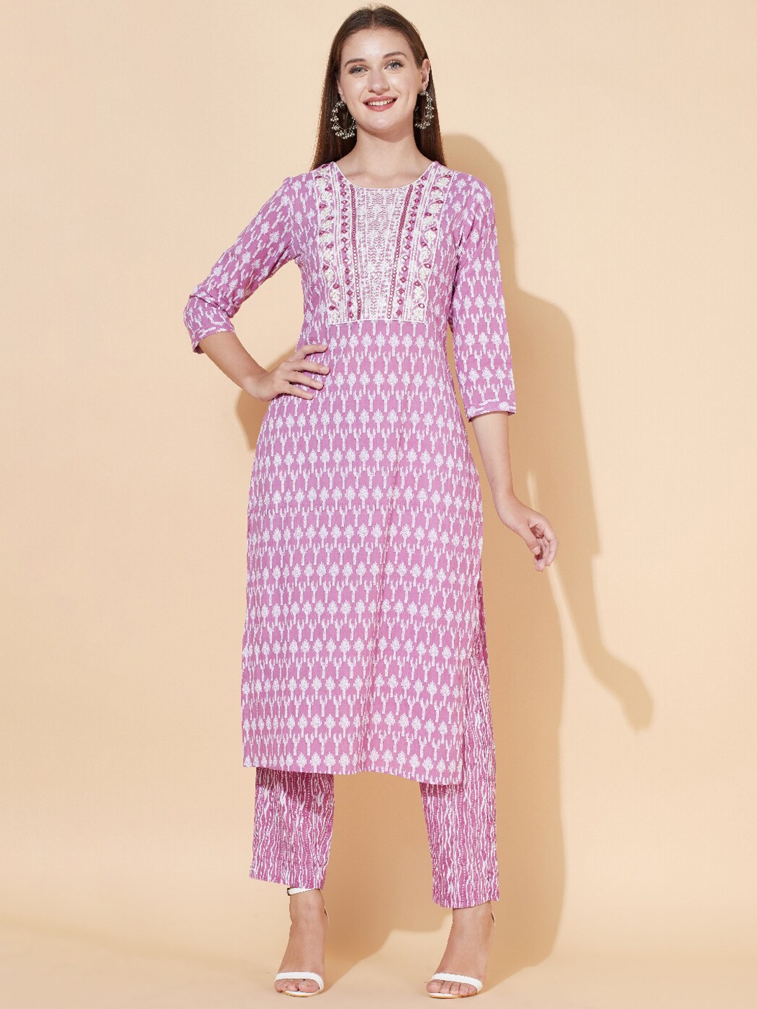 

FASHOR Women Purple Ethnic Motifs Printed Sequinned Pure Cotton Kurta with Trousers