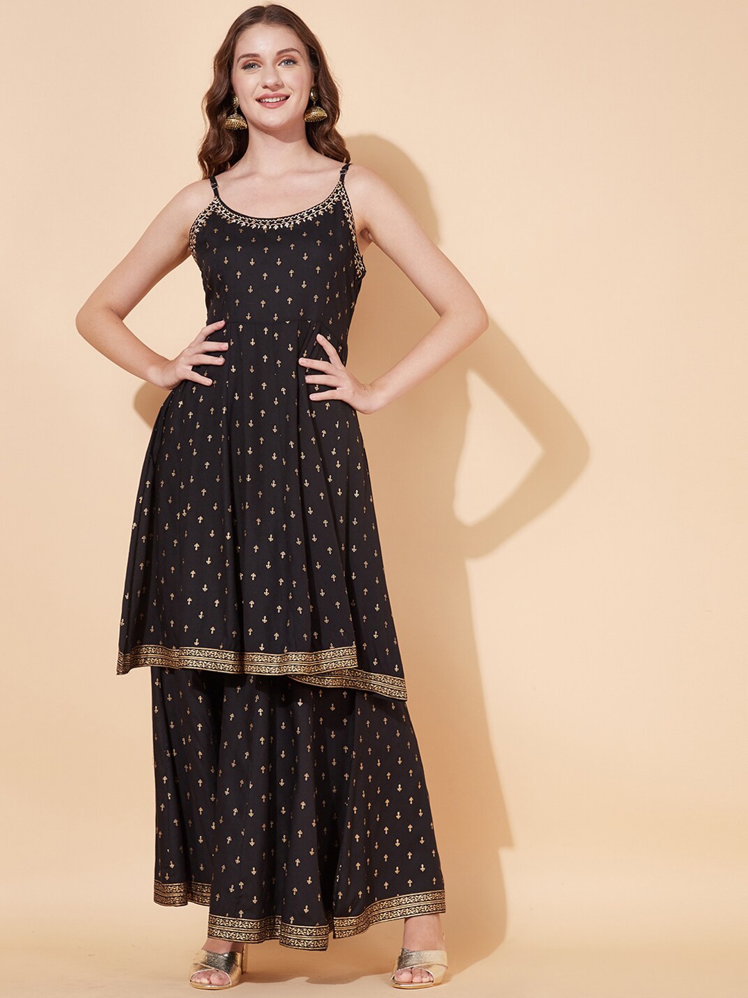 

FASHOR Women Black Embroidered Panelled Kurti with Skirt
